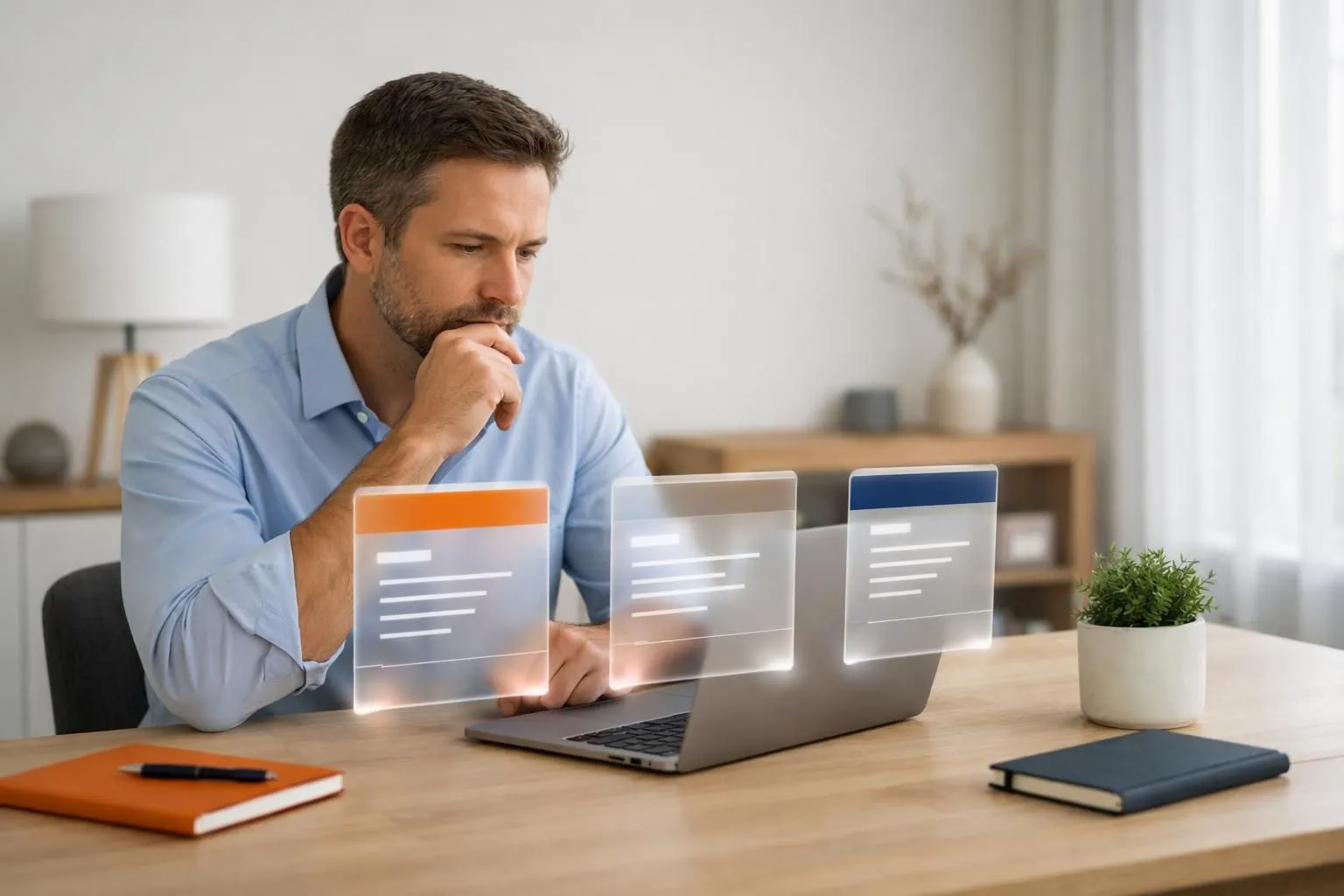 Business professional at modern desk comparing pricing options on laptop screen, transparent pricing tier cards floating holographically above keyboard, clean minimalist workspace with coffee cup and notepad, warm natural lighting, focus on decision-making moment