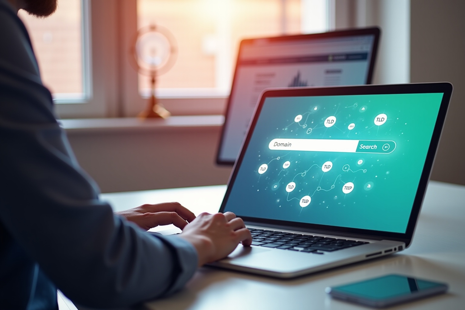 Person using laptop with domain search interface on screen.