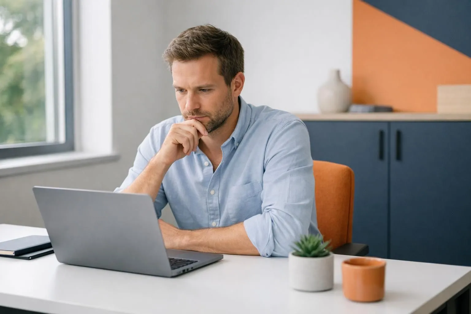 Startup founder intensely reviewing cap table data on laptop screen in minimalist office, concerned expression, equity charts and ownership percentages visible on monitor, professional business setting with natural window light