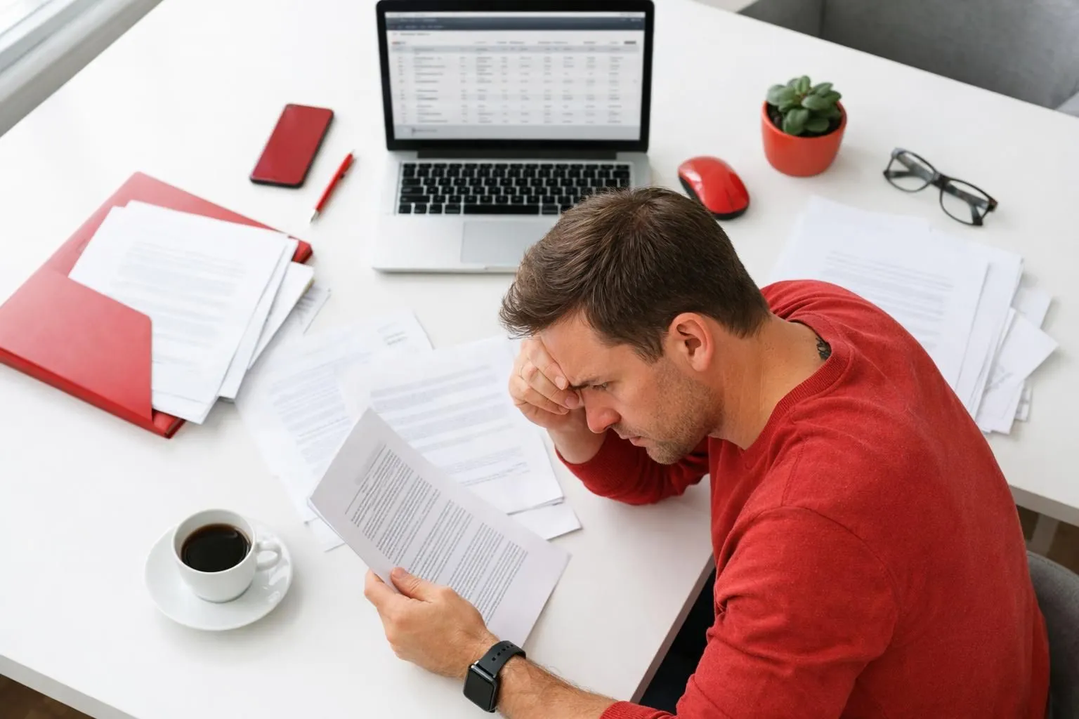 Frustrated startup founder at desk reviewing laptop screen showing cap table software interface with pricing tiers, scattered contract documents, coffee cup, modern office setting with natural window lighting, concerned expression while examining fine print