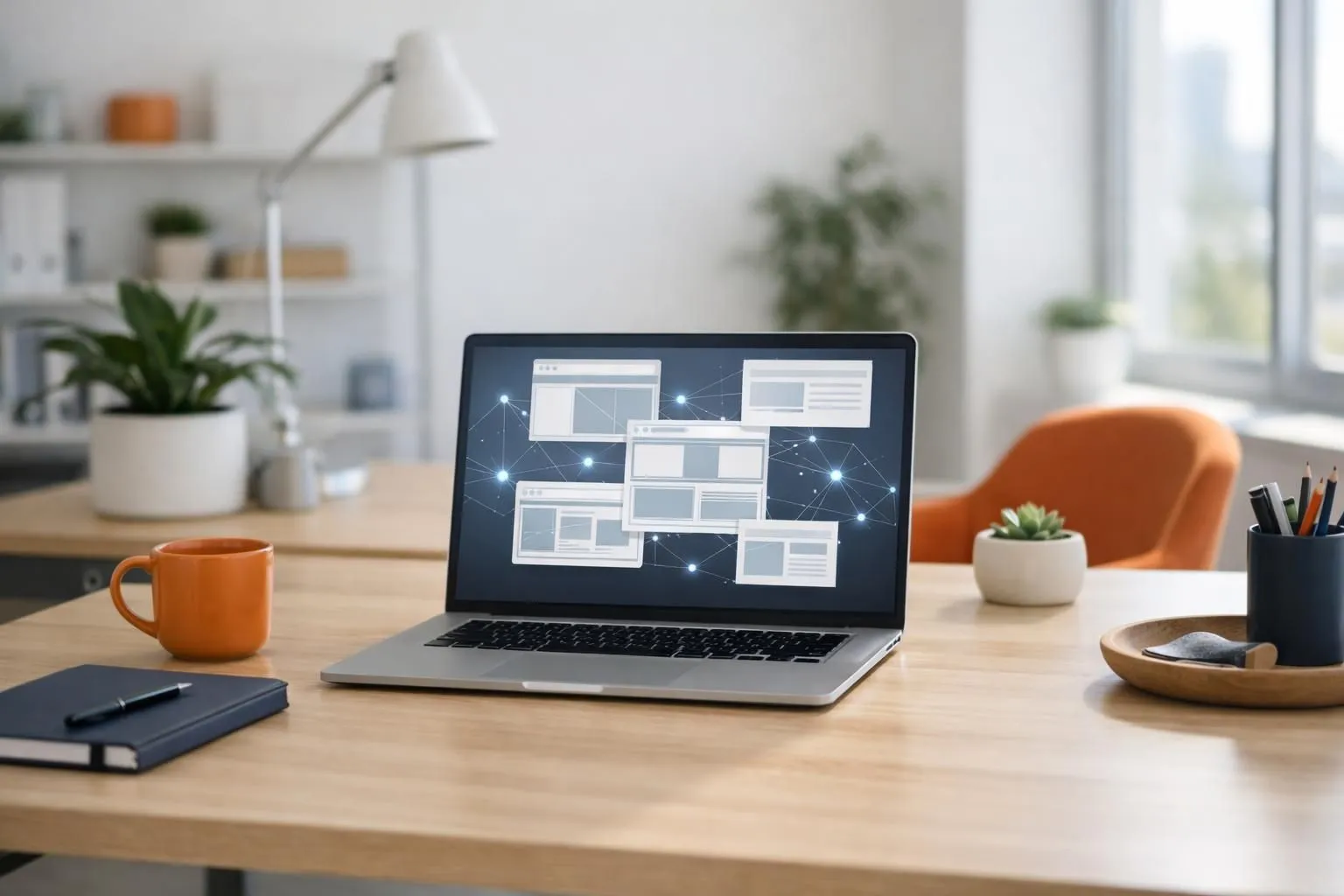 Professional workspace showing laptop screen displaying AI-generated website wireframes and conversational interface prompts, with digital neural network patterns connecting user input to visual site elements, modern office environment with natural lighting