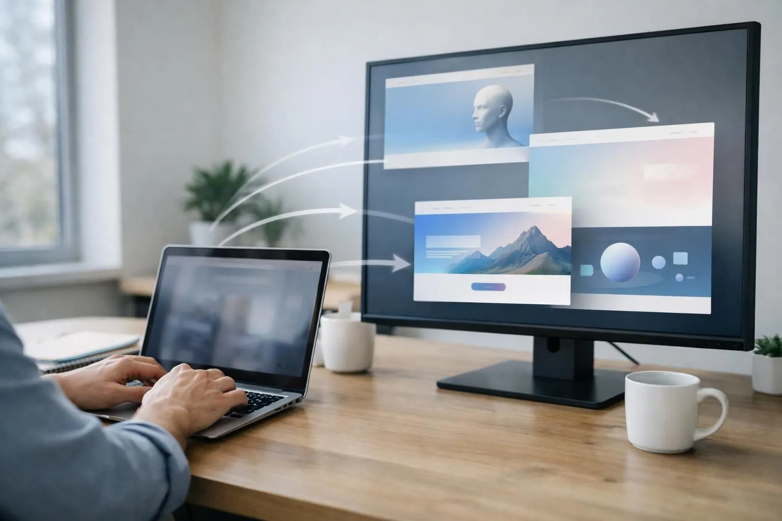Split-screen composition showing a person typing business description into a clean chat interface on the left side, while the right side displays multiple website layouts materializing in real-time with connection arrows flowing between the screens, modern office environment with natural lighting
