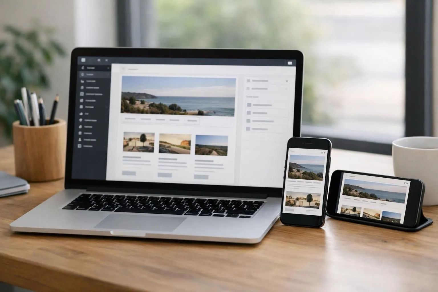 Split-screen composition showing a laptop displaying WordPress.com AI builder interface with drag-and-drop blocks being arranged, alongside mobile phone mockups showing responsive website previews, set in a modern workspace with natural lighting, photorealistic style, ABSOLUTELY NO TEXT or letters visible anywhere in the image