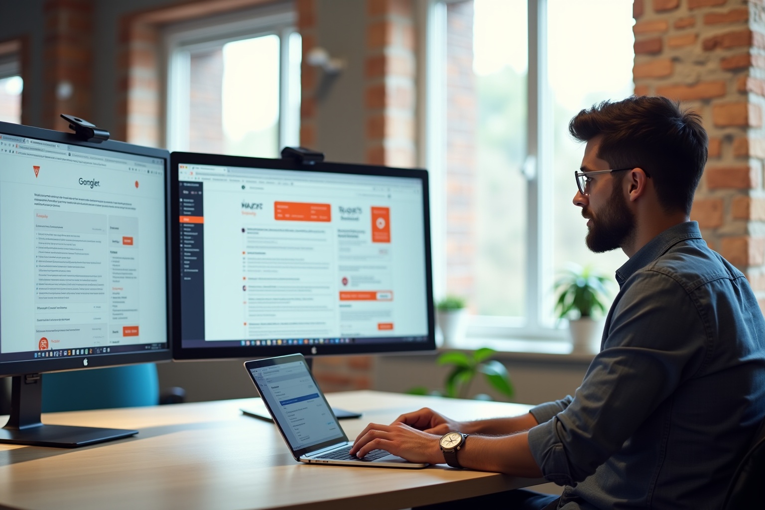 Bearded man working on computer in office with large monitors.