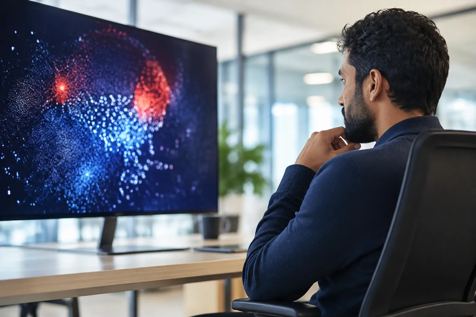 A man intently observing a colorful, abstract digital display.