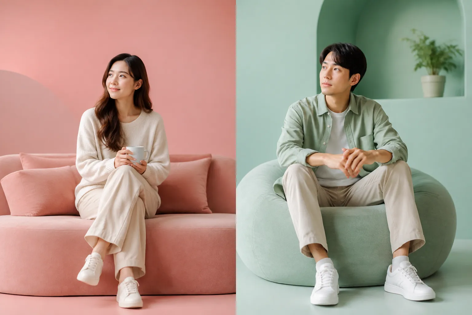Young couple relaxing in modern, colorful living space.
