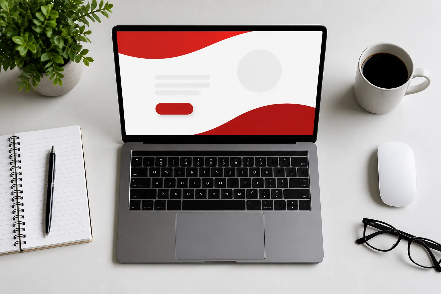 Laptop with red and white abstract design, office supplies.