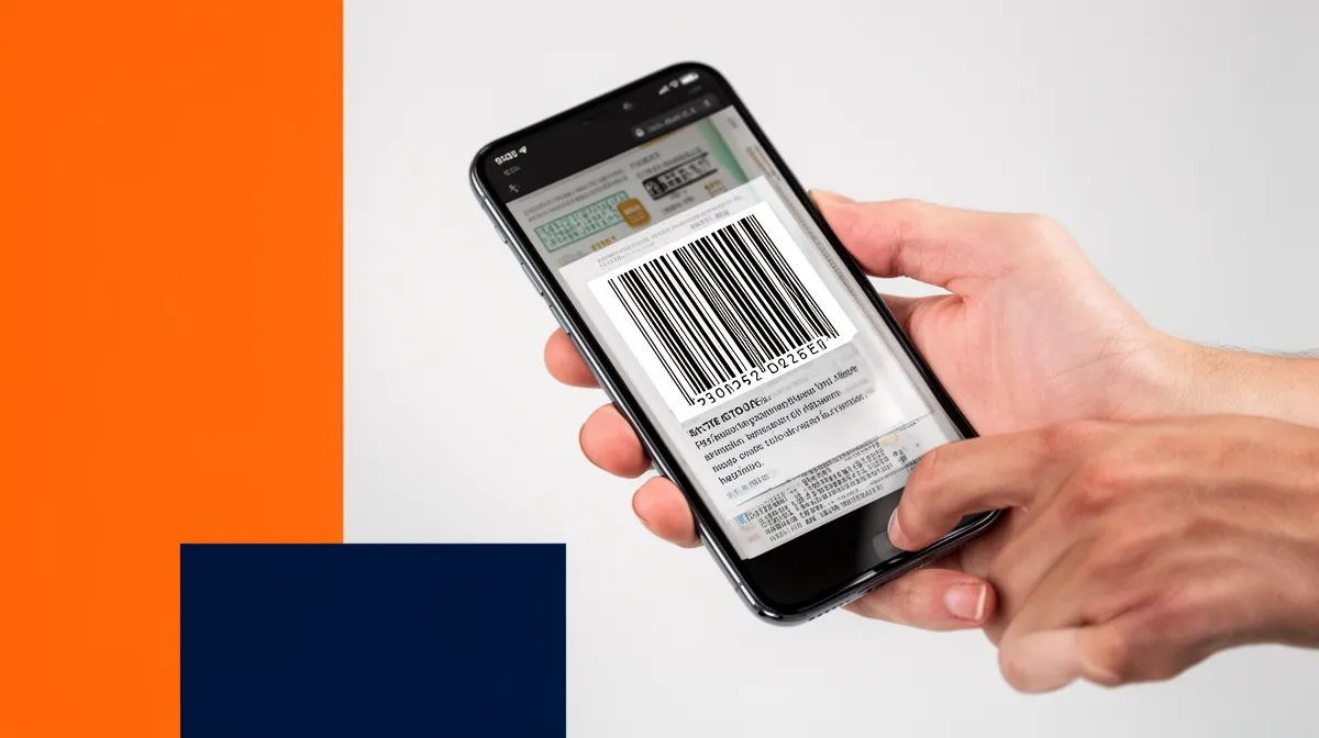 Smartphone displaying barcode and product information on orange background.