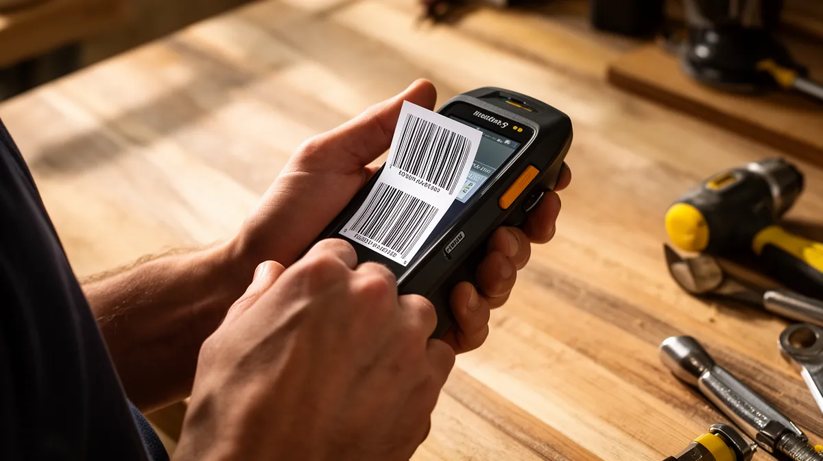 Handheld barcode scanner on a wooden workbench with tools.
