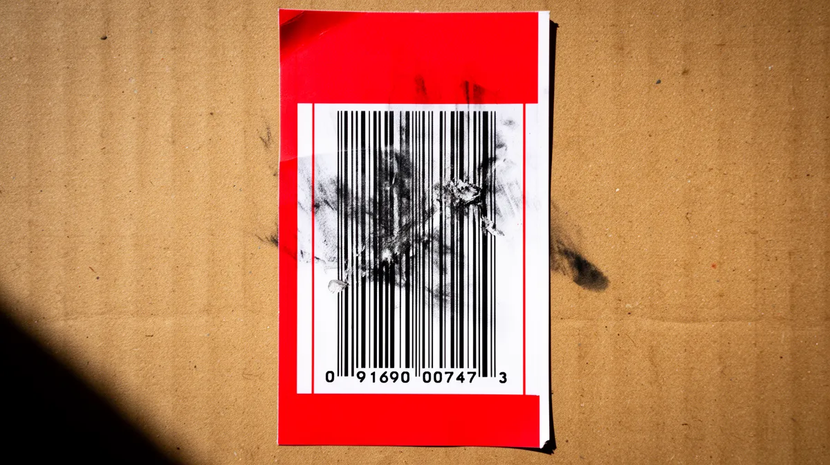Barcode on red background against a textured surface.