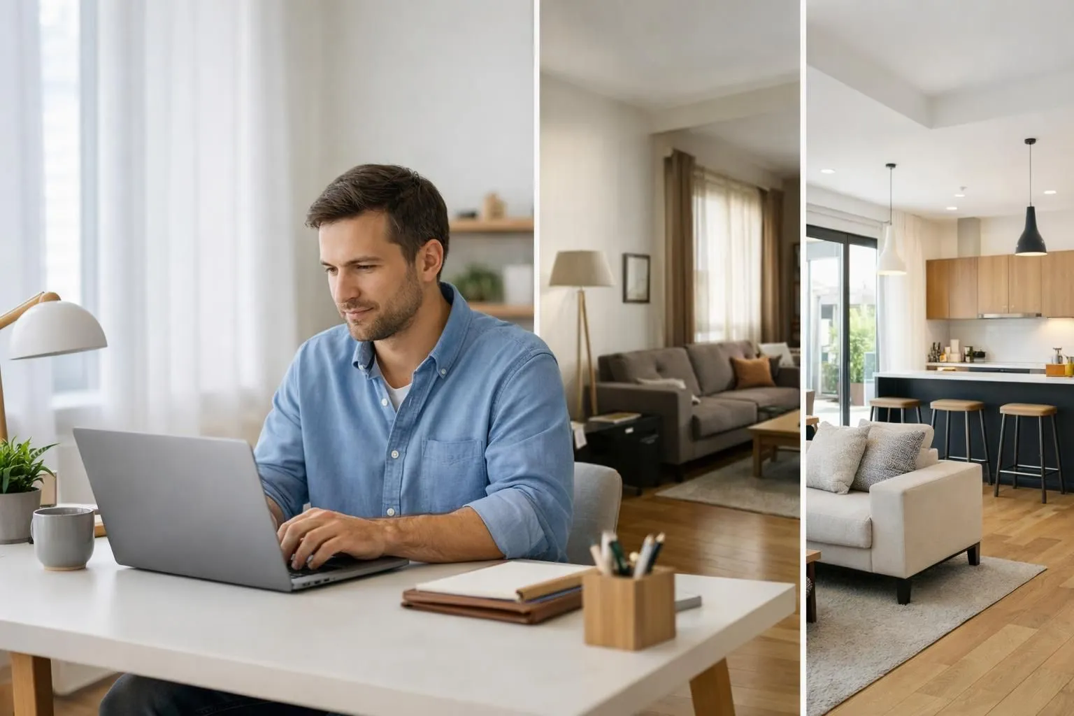 Confident entrepreneur working on laptop in bright modern office space, split screen showing before and after portfolio transformation, professional creative workspace with clean aesthetic design elements, warm natural lighting, productive and innovative atmosphere