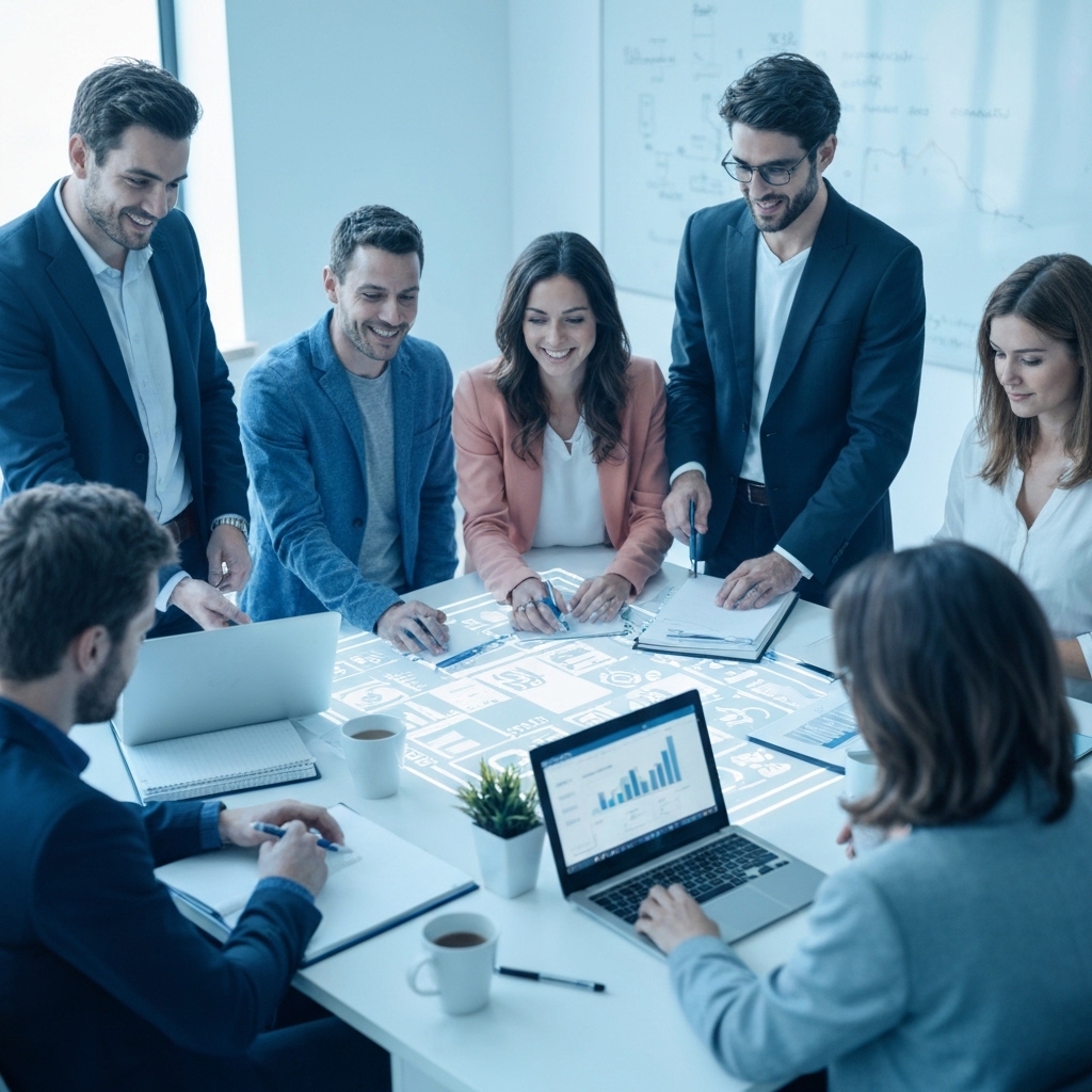 Digital marketing team collaborating around holographic SEO analytics dashboard displaying ranking graphs and AI insights in modern tech startup office, futuristic blue ambient lighting