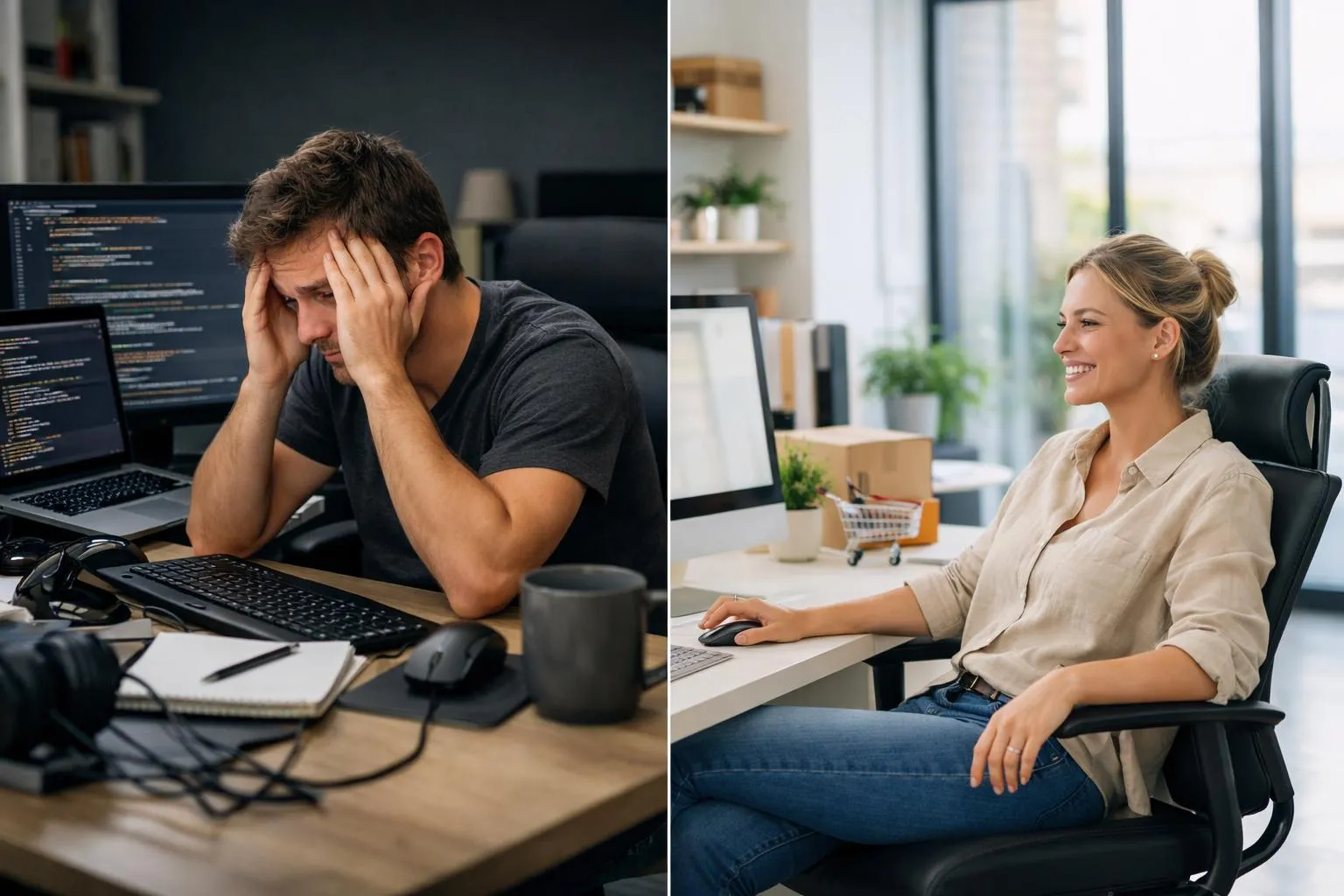 Split-screen comparison showing frustrated entrepreneur surrounded by code on left side versus relaxed person using laptop with AI interface displaying automated product catalog and store preview on right side, modern workspace setting, natural lighting, photorealistic style