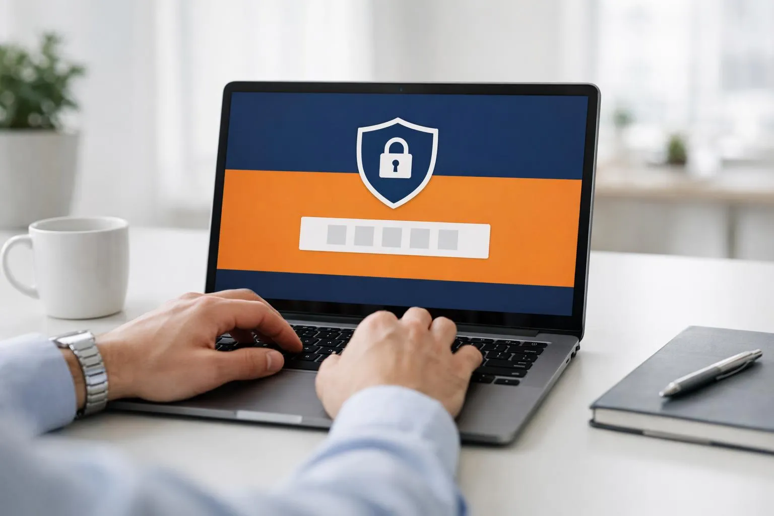Laptop screen displaying a security shield icon and password prompt.