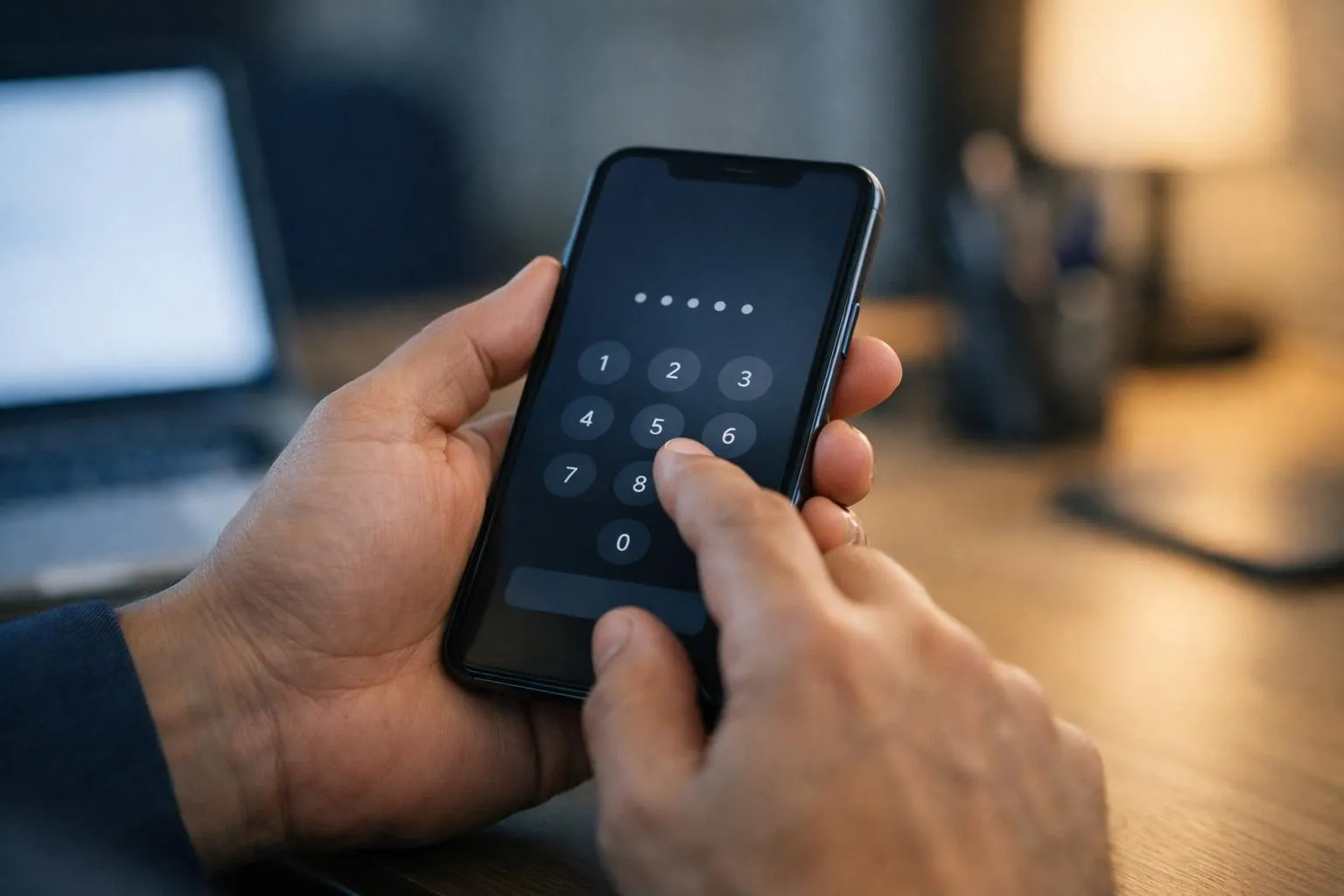 Hands holding a smartphone with a numeric keypad displayed.