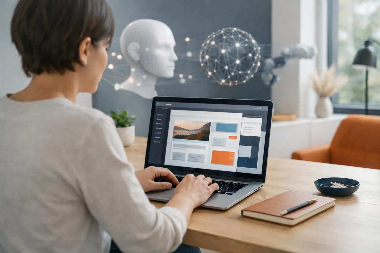 A person using a laptop with a modern interface showing website building blocks being moved and arranged on screen, with subtle AI elements like glowing nodes or neural network patterns in the background, realistic office or home workspace environment, natural lighting, contemporary professional setting