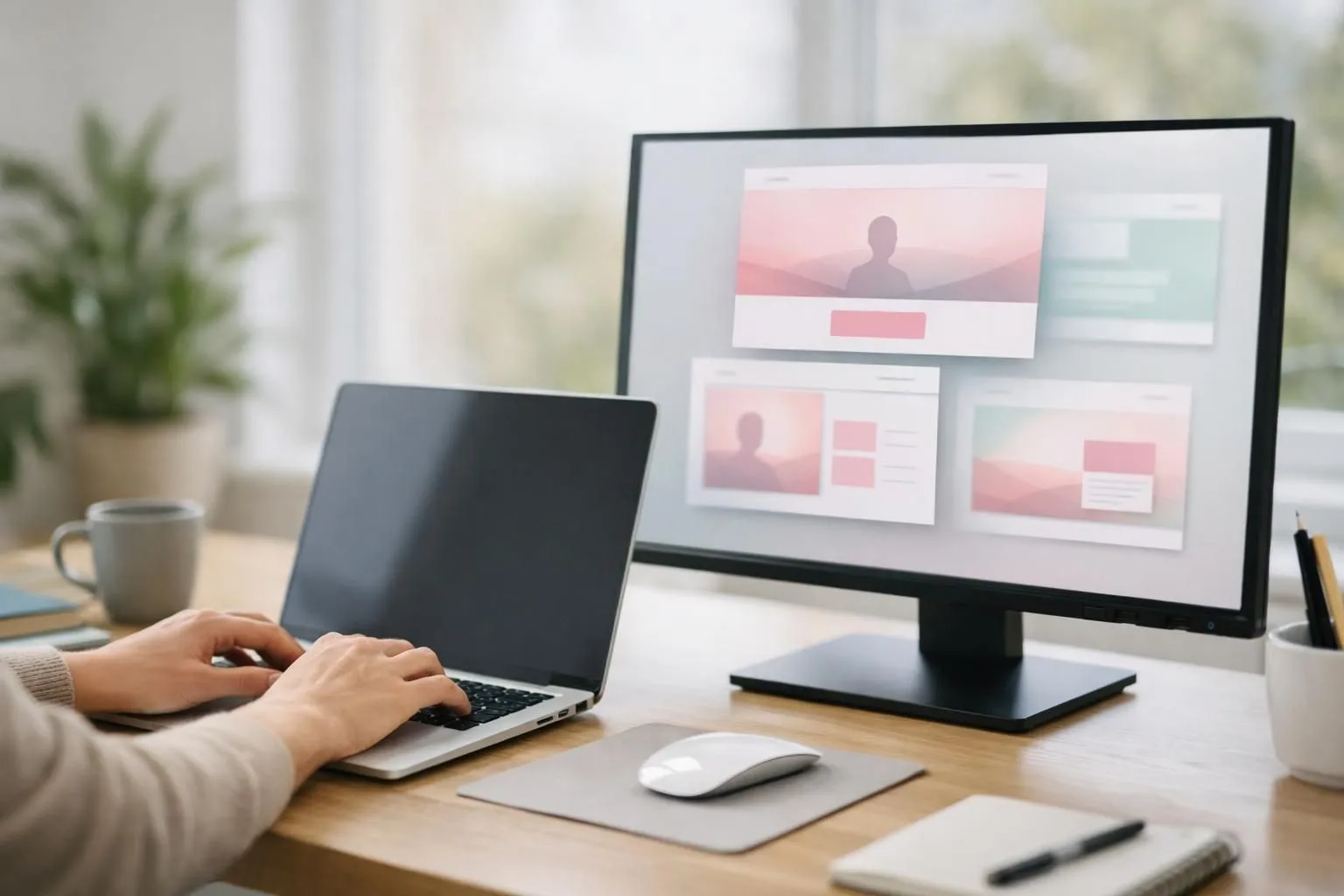 Split-screen view showing a person typing a simple text prompt on the left side of a laptop screen ('Create a modern photography portfolio website'), while on the right side of the screen, an AI-powered interface displays multiple website layout options materializing in real-time with image placeholders and design elements, photorealistic style, bright natural lighting, modern workspace setting
