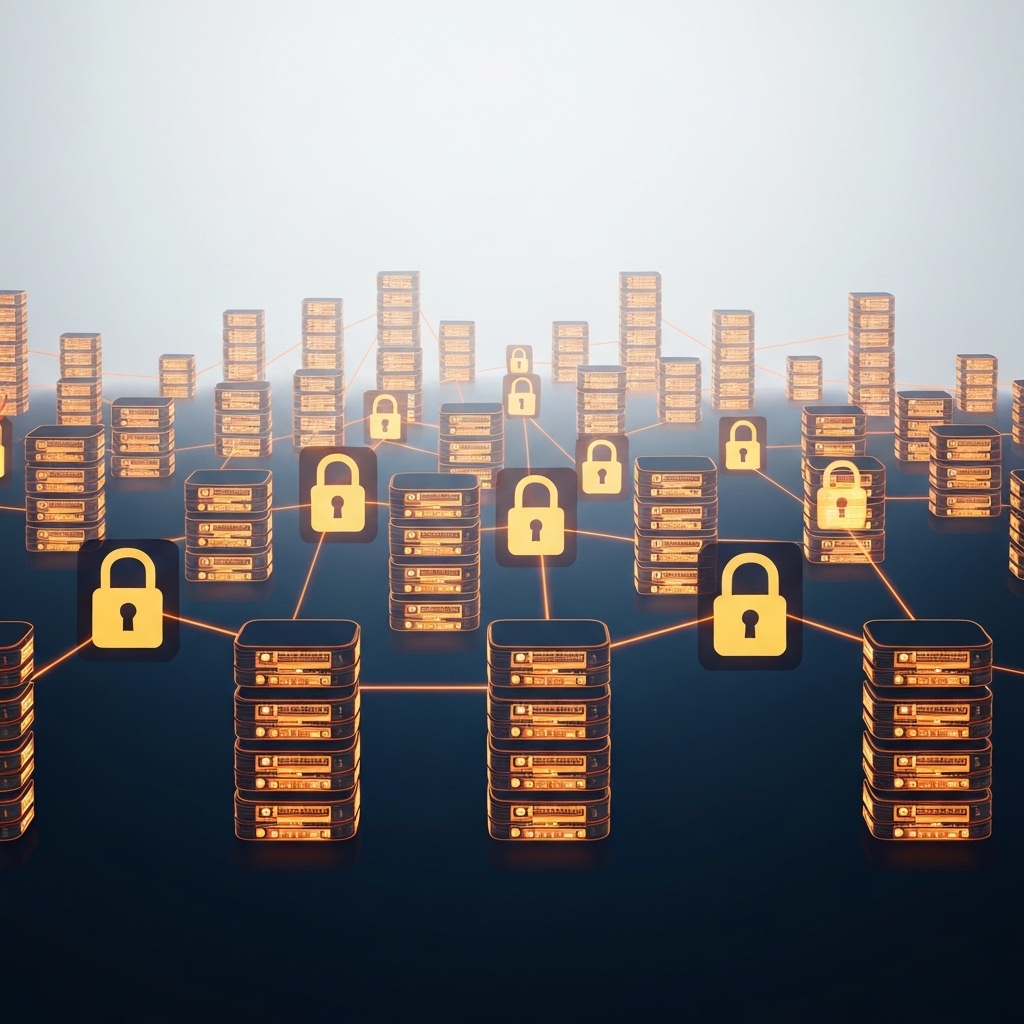 Abstract visualization of a global network of interconnected servers, each shielded by a digital lock icon, representing a secure global CDN.