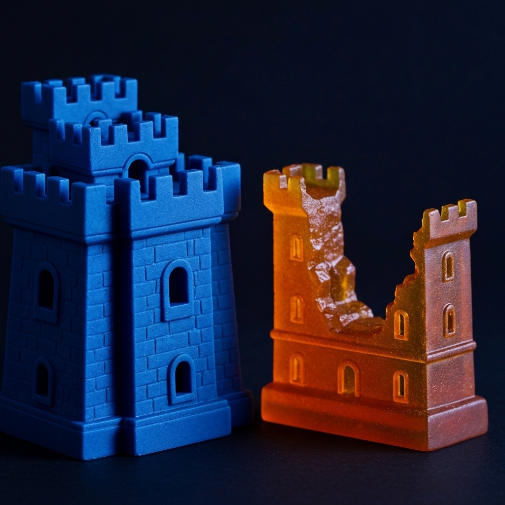 A powerful visual metaphor showing a solid, impenetrable fortress next to a castle with many poorly guarded gates and broken walls representing plugin-based platforms.