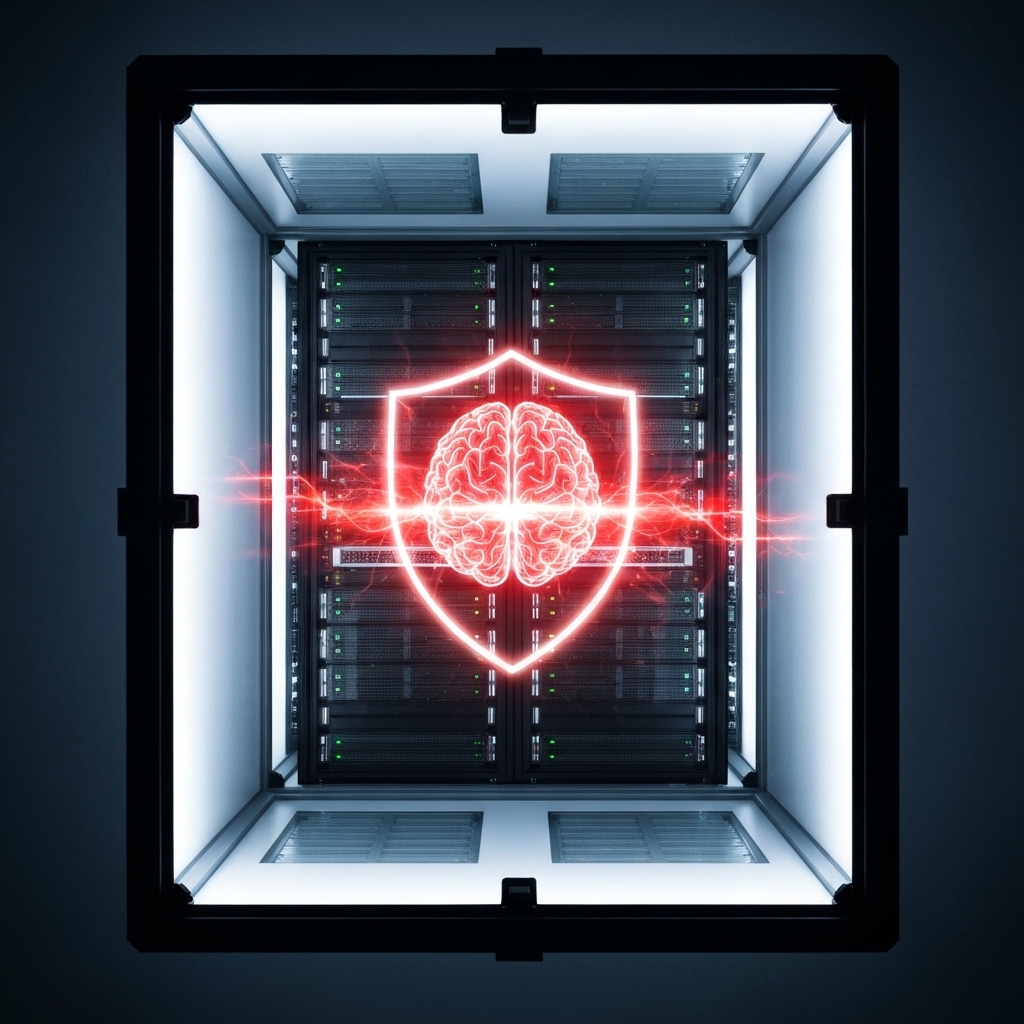 A sleek, modern server room where one specific glass-enclosed server rack is brightly illuminated, standing apart from the others to visually represent a secure, sandboxed environment.