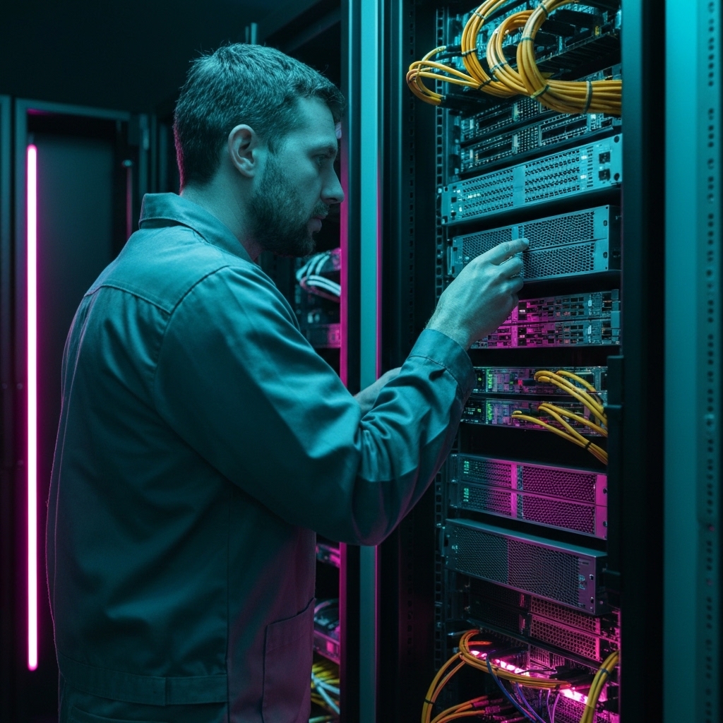 A photo of a clean, modern server room with a digital overlay showing a graph with a 99.9% uptime metric.