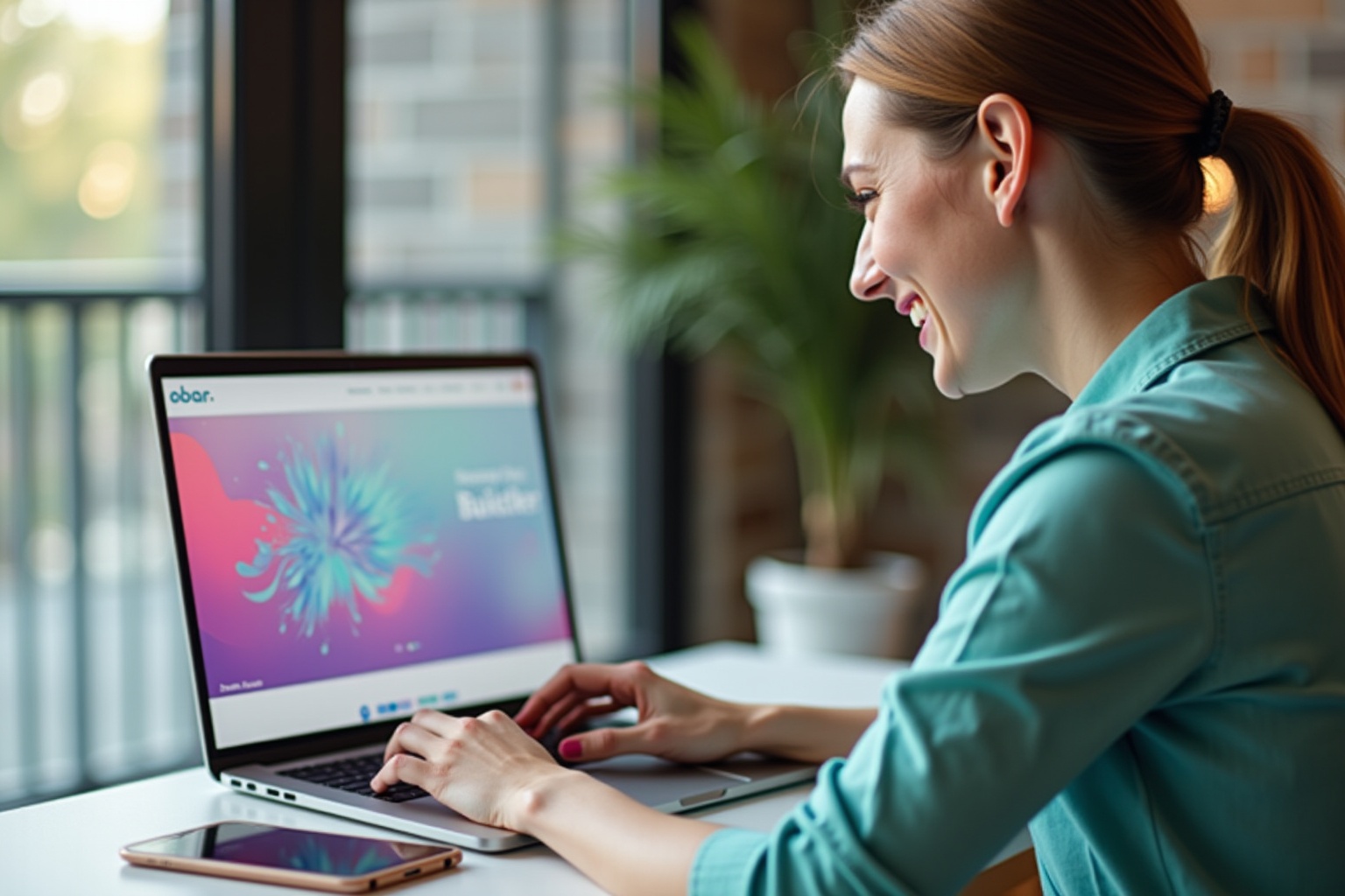 Young woman working on laptop, smiling at computer screen.