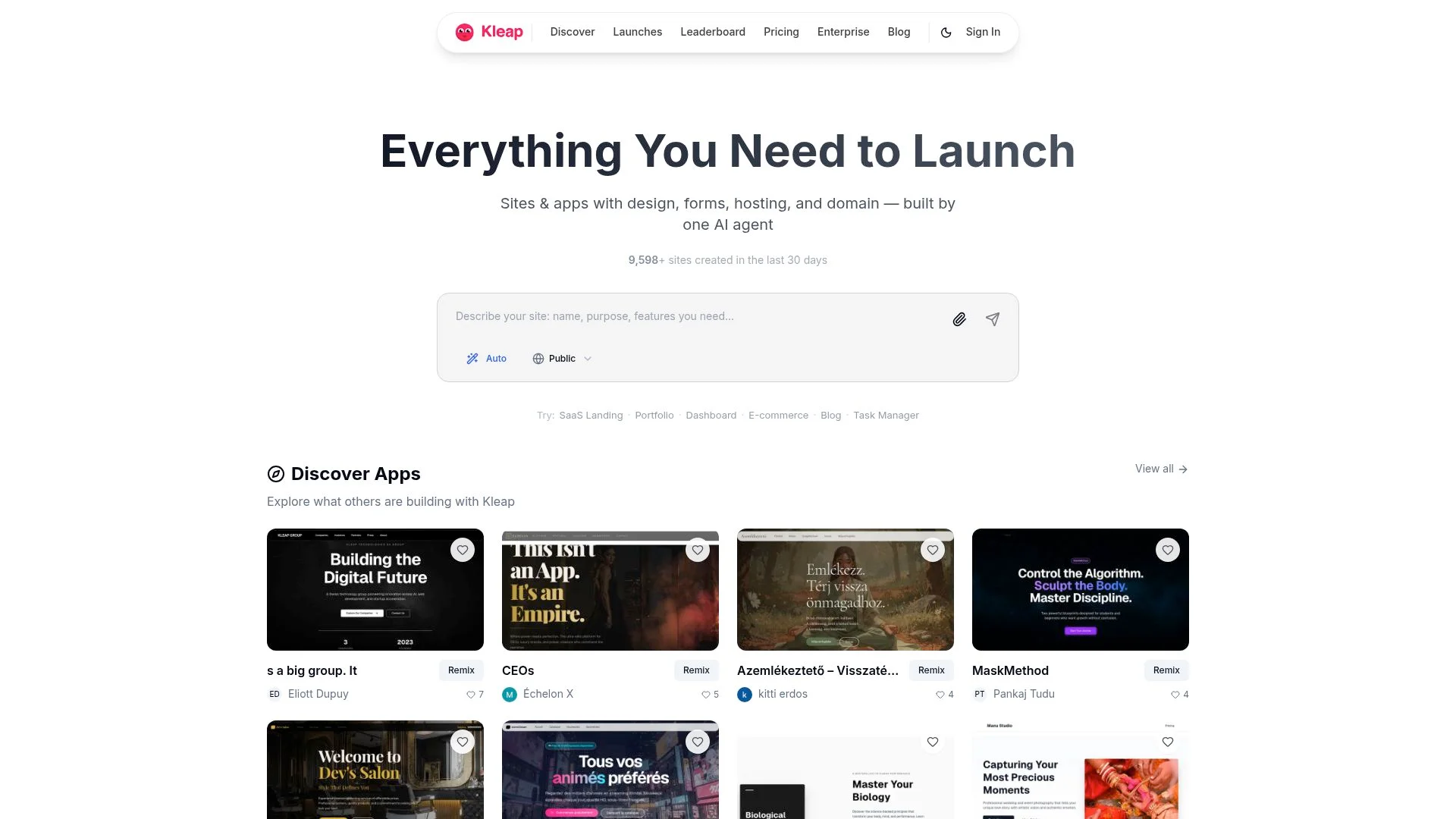 Sites and apps with design, forms, hosting, and domain - built by one AI agent.