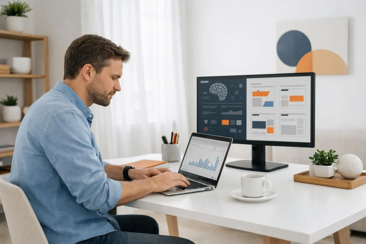 Business owner at modern desk analyzing digital pricing dashboard on laptop screen, with subtle AI interface elements and website wireframes visible on secondary monitor, professional office environment