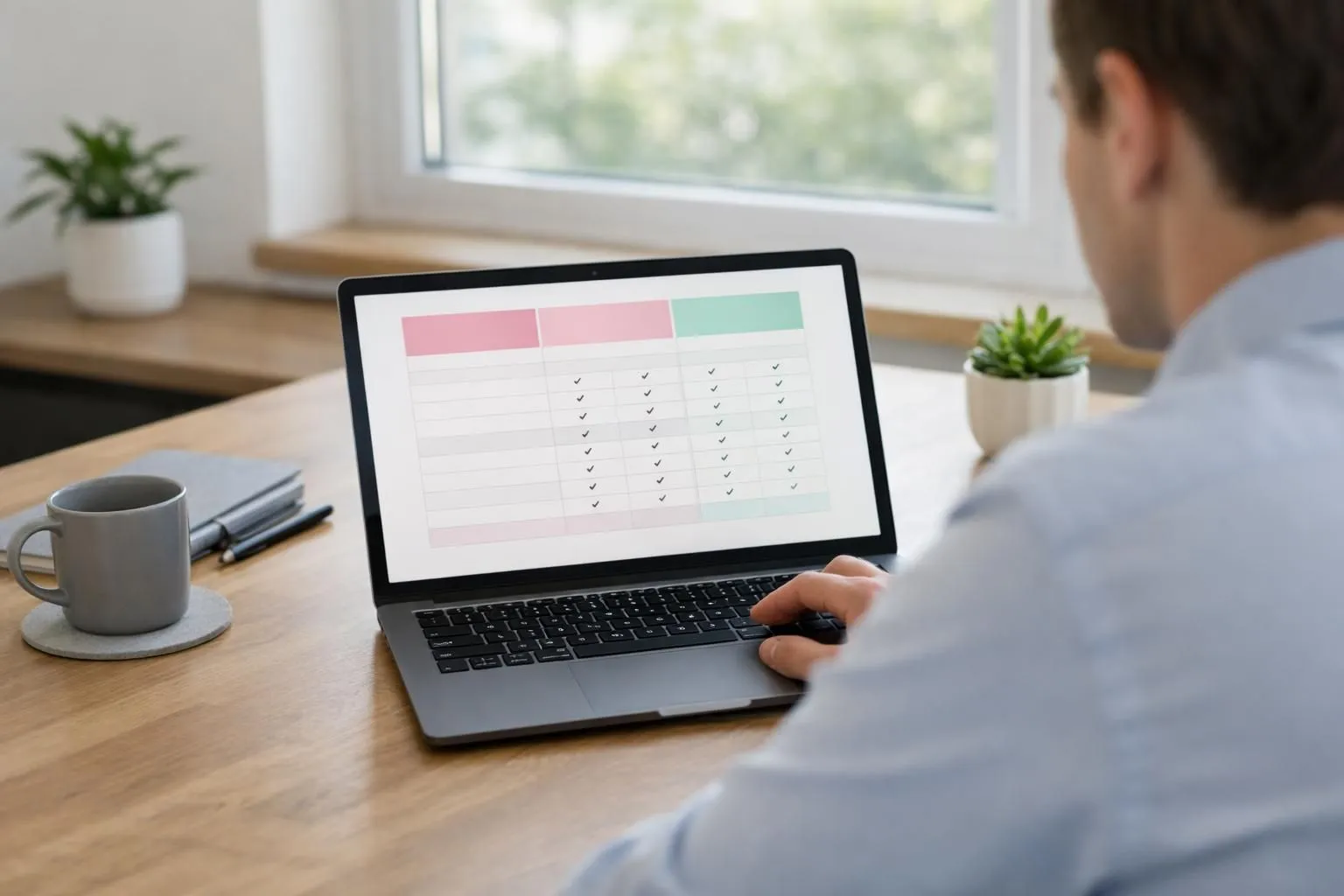 Business professional reviewing detailed pricing comparison spreadsheet on laptop with coffee cup and calculator on modern wooden desk, natural lighting from window, focus on screen displaying pricing tiers and feature matrices