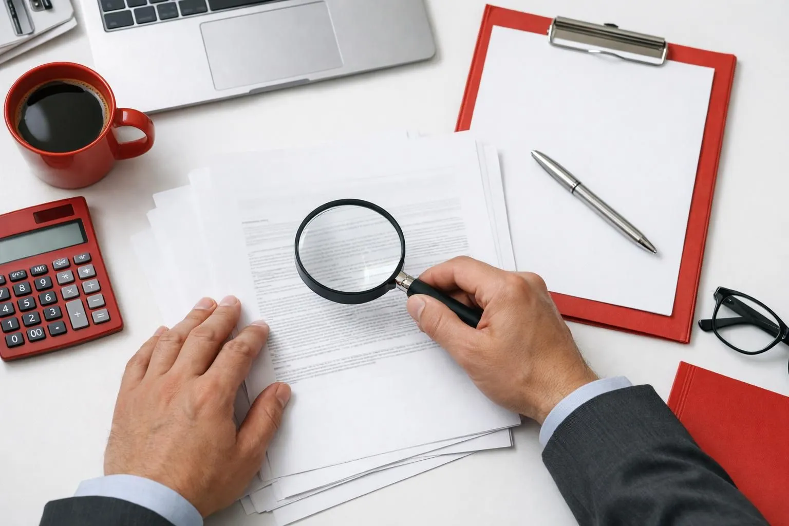Business professional examining pricing documents with magnifying glass revealing hidden fine print in modern office setting, serious expression showing discovery of concealed costs in AI website builder contracts