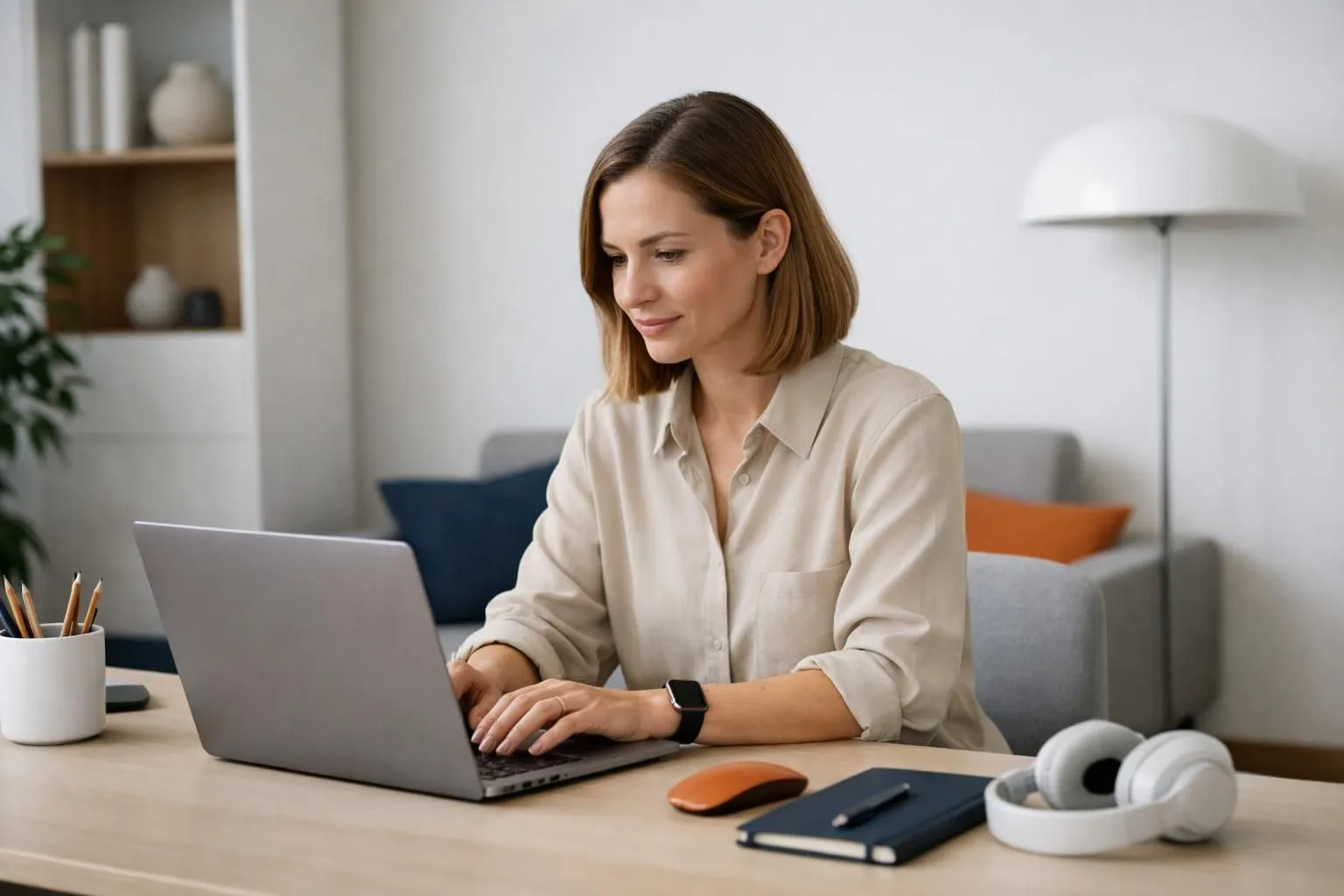 Professional entrepreneur working on laptop with AI interface elements, modern workspace with holographic website wireframes floating above screen, futuristic digital design tools surrounding the computer, clean modern office environment