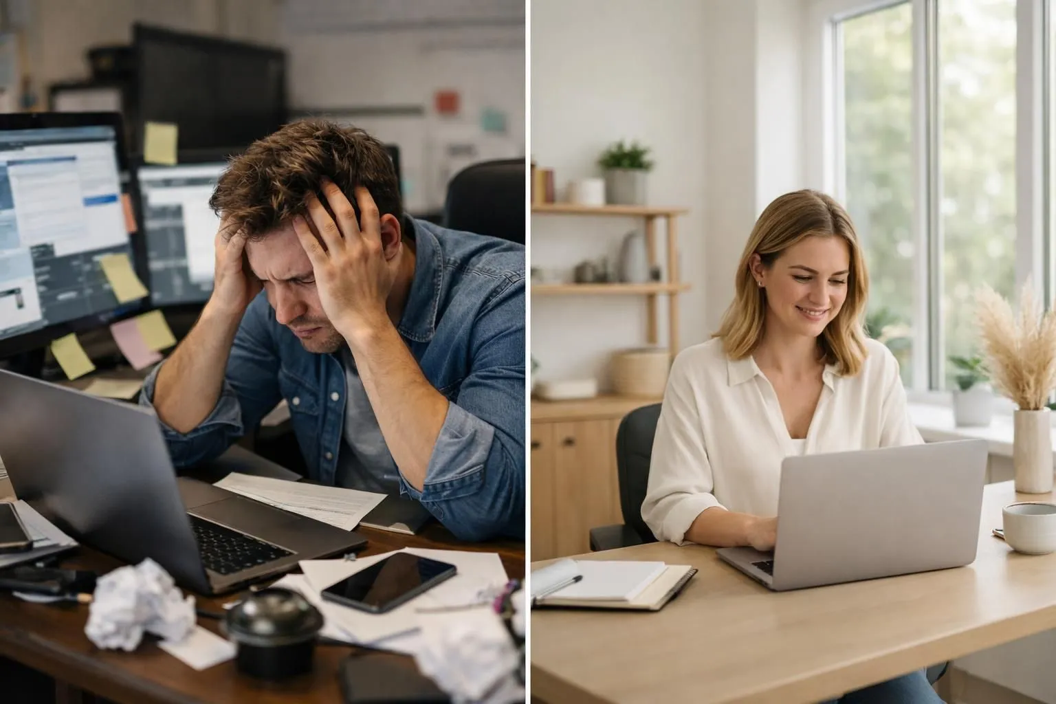 Split-screen visual showing left side with frustrated person surrounded by multiple browser tabs and plugin icons representing traditional website building chaos, right side showing calm entrepreneur using laptop with holographic AI interface displaying streamlined SEO metrics and website optimization dashboard, modern office setting with natural lighting