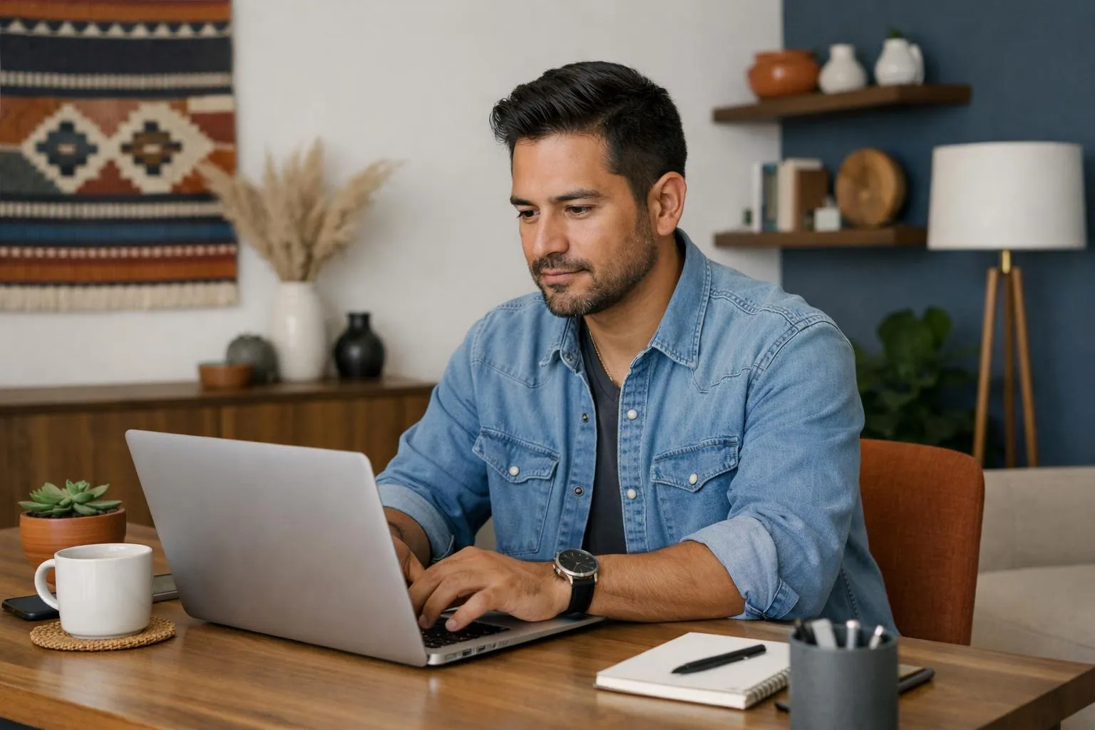 A man in a denim shirt working on a laptop at a desk.