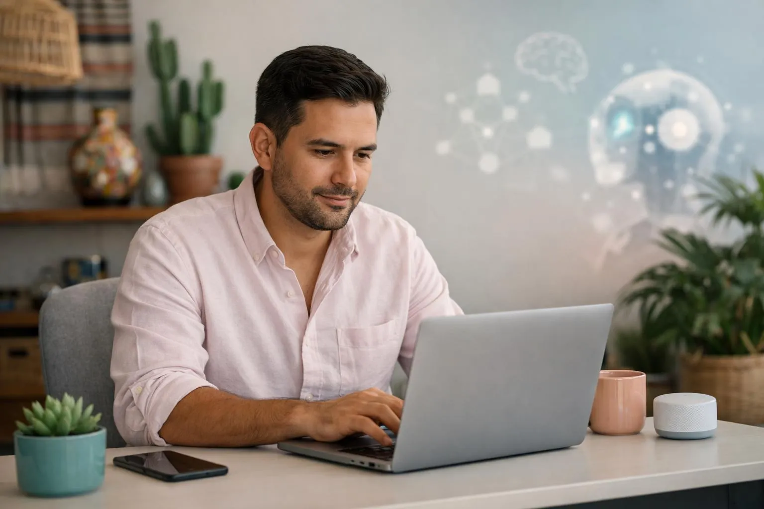 Focused man working on laptop in cozy home office.