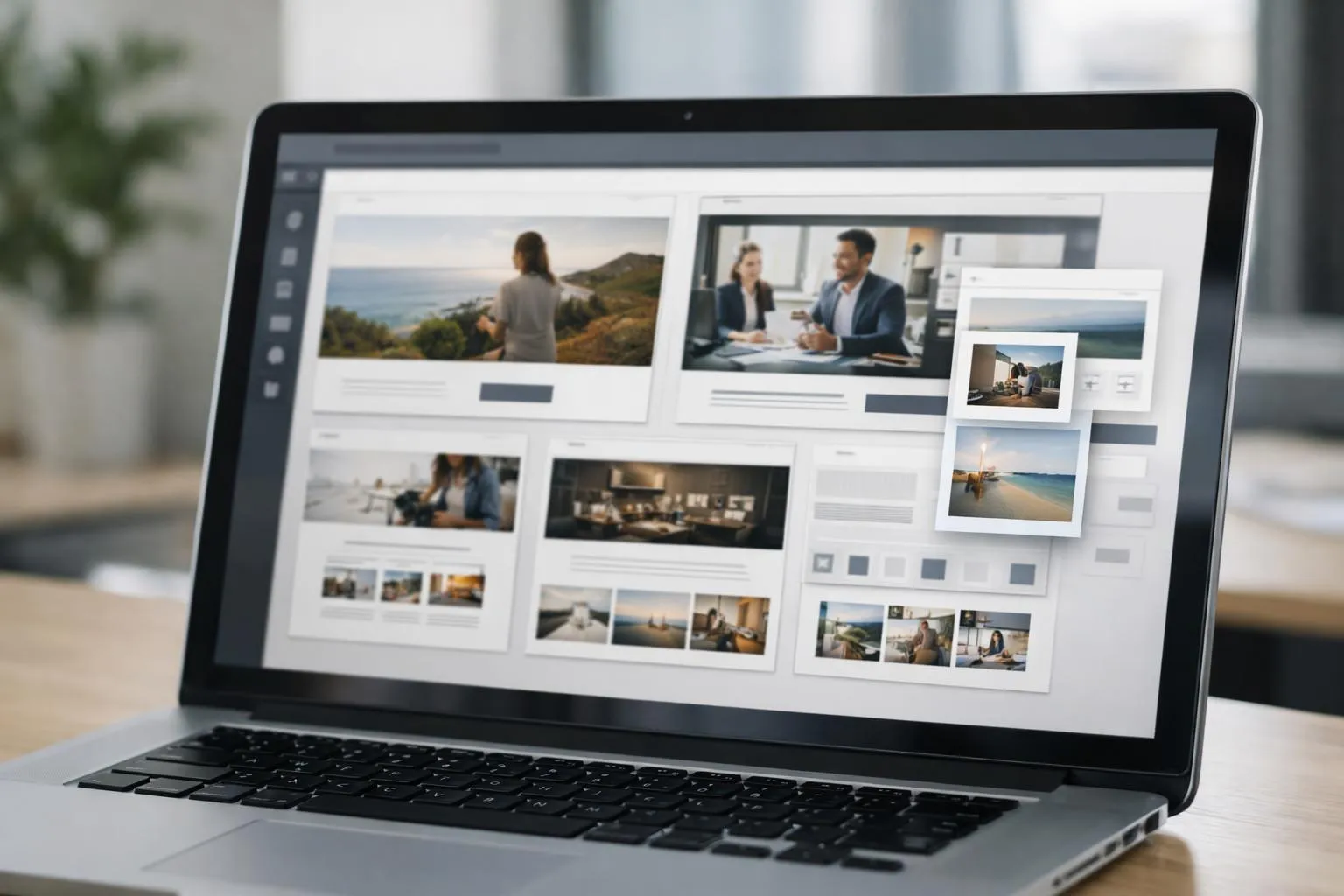 Laptop screen displaying various images and photo editing interface.