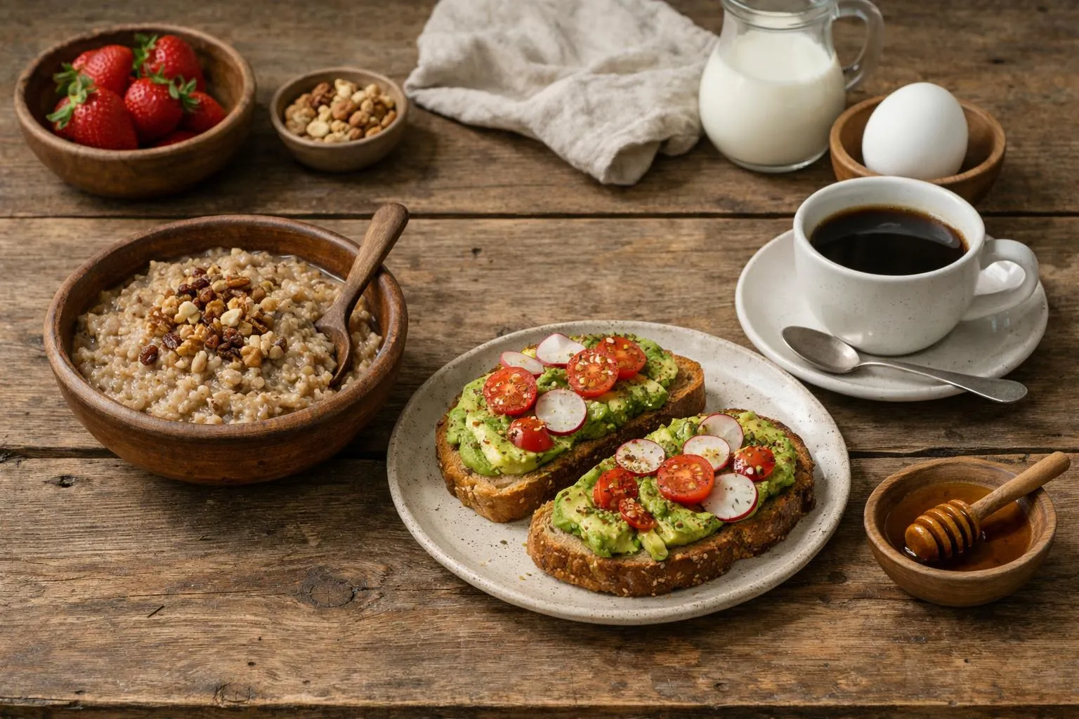 Split-screen composition showing ancient wheat porridge in clay bowl on left versus modern avocado toast and coffee on right, representing breakfast evolution through time, warm natural lighting, no text or labels