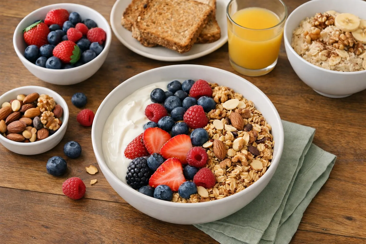 Overhead view of colorful breakfast spread on wooden table featuring whole grain toast with avocado, bowl of mixed berries, glass of orange juice, and oatmeal with nuts, natural morning sunlight streaming across the scene
