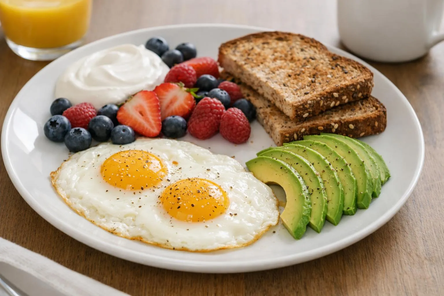 Balanced breakfast plate showing protein sources like eggs and Greek yogurt, whole grain toast, avocado slices for healthy fats, and fresh berries arranged on a clean white plate with natural morning light