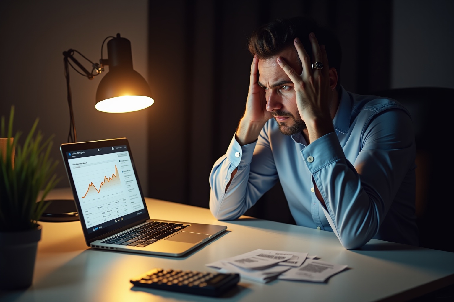 Stressed businessman analyzing financial data on laptop in dimly lit office.