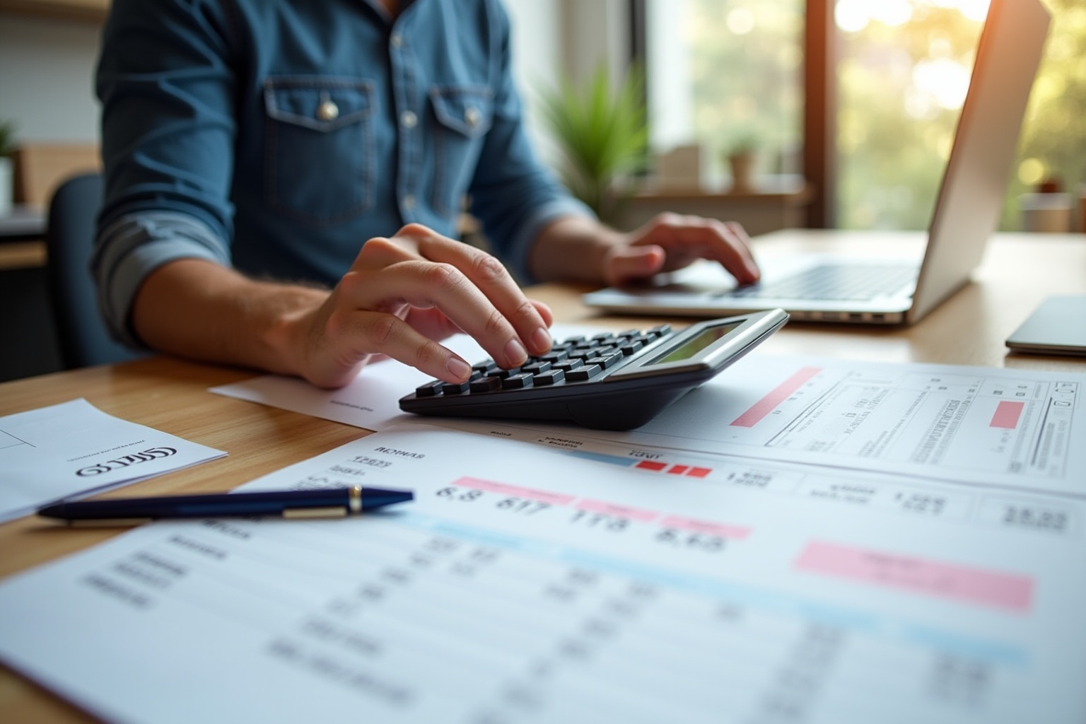 Person using calculator and reviewing financial documents on a desk.