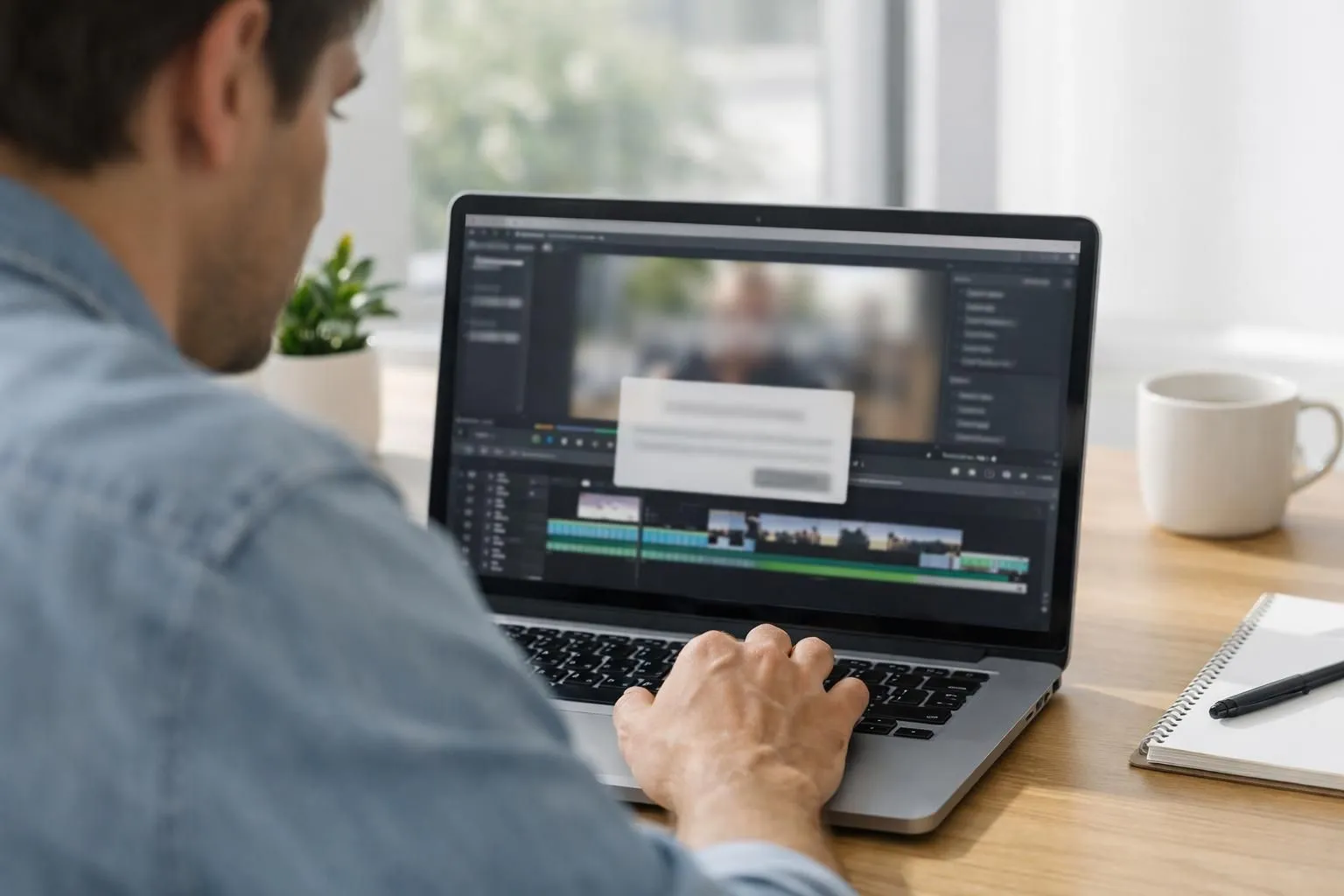 A frustrated entrepreneur sitting at a laptop, staring at a video editing interface showing a large watermark overlay and a popup message displaying 'Upgrade to Remove Watermark' blocking their screen, modern office setting with natural lighting, realistic digital workspace