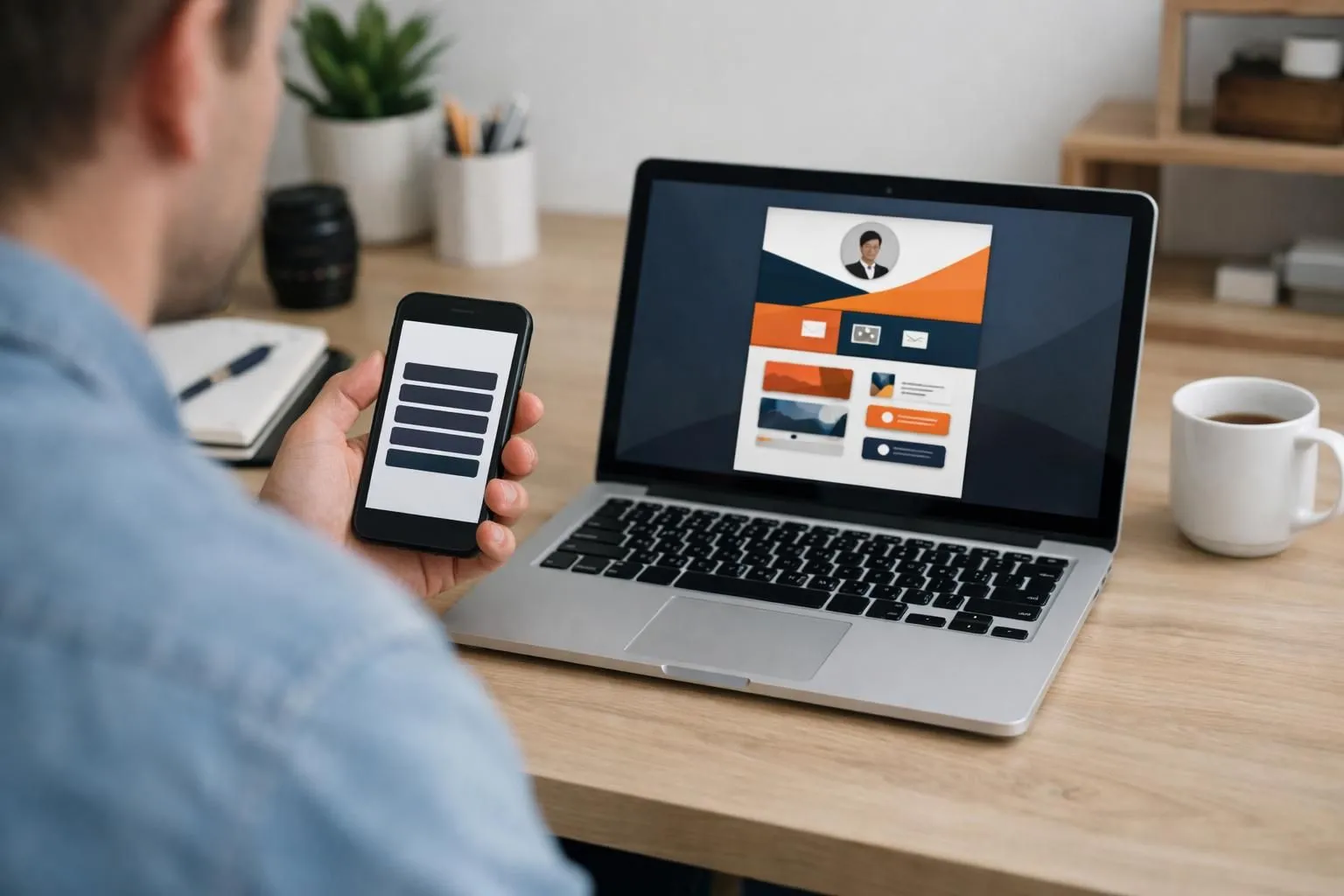 A frustrated content creator sitting at a modern desk with smartphone displaying a basic link page, comparing it on laptop screen to more advanced customizable bio page designs with analytics graphs and brand colors, showing evolution of digital tools