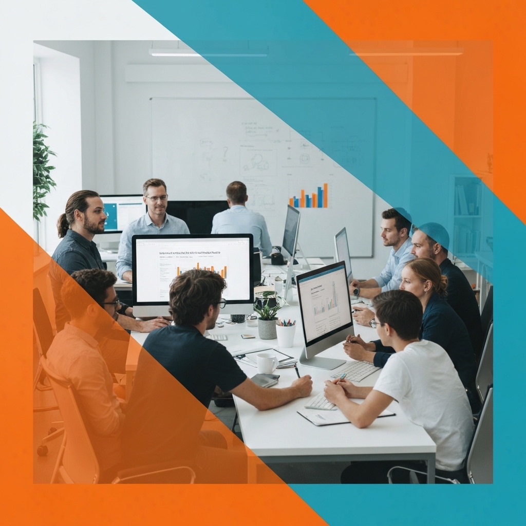 Marketing team examining SEO analytics on large monitors in contemporary workspace, digital dashboards showing keyword rankings and traffic data, professional atmosphere with focused collaboration