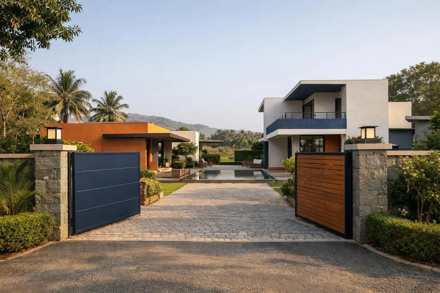Luxurious modern villa with pool, surrounded by lush greenery.