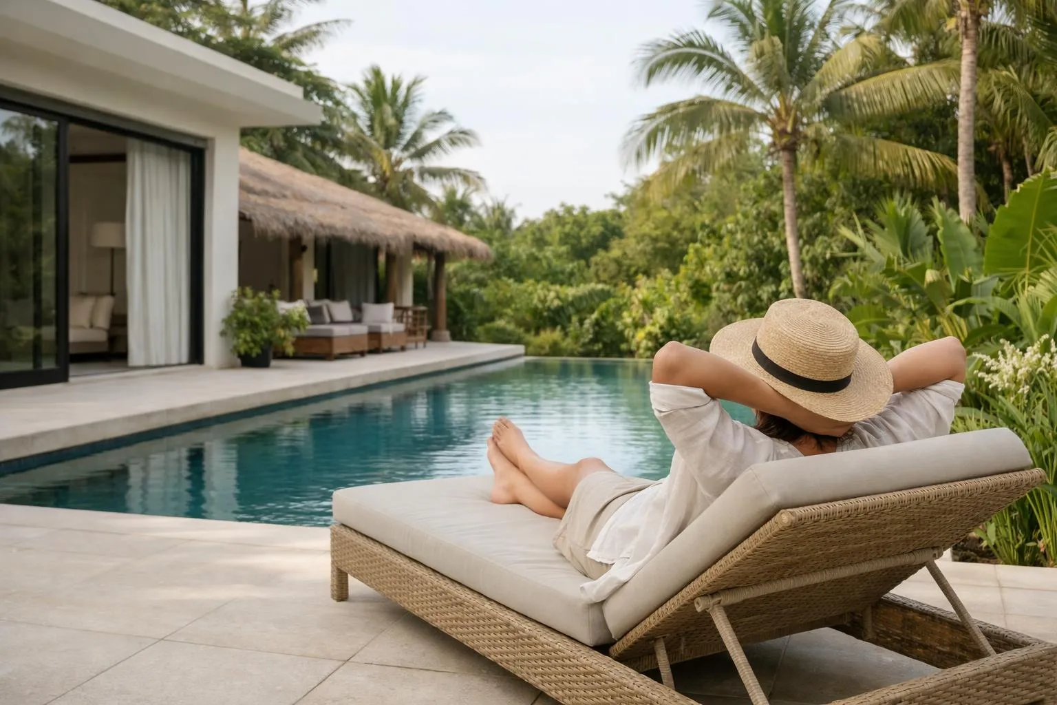 Tropical villa with private pool, lounging guest in straw hat.