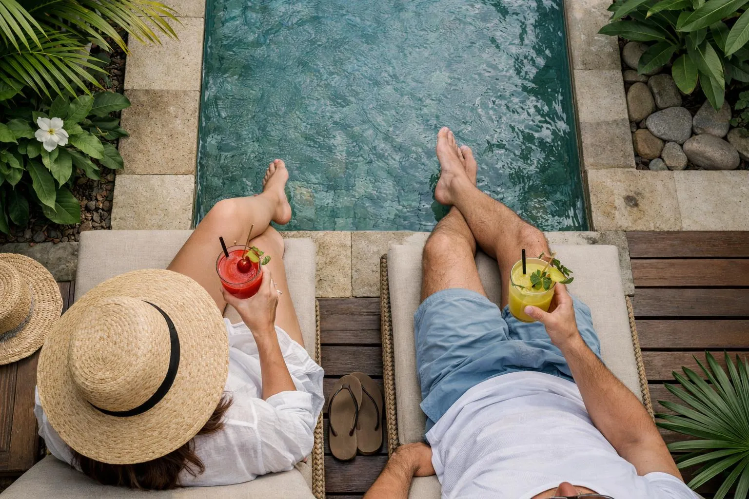 Relaxing poolside with refreshing drinks, surrounded by lush greenery.