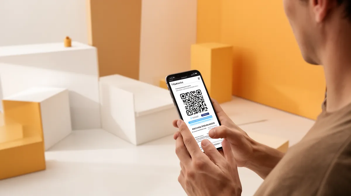 Person scanning QR code on smartphone in room with boxes.