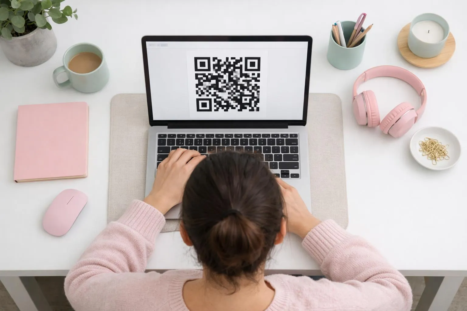 Person using laptop with QR code displayed on screen.