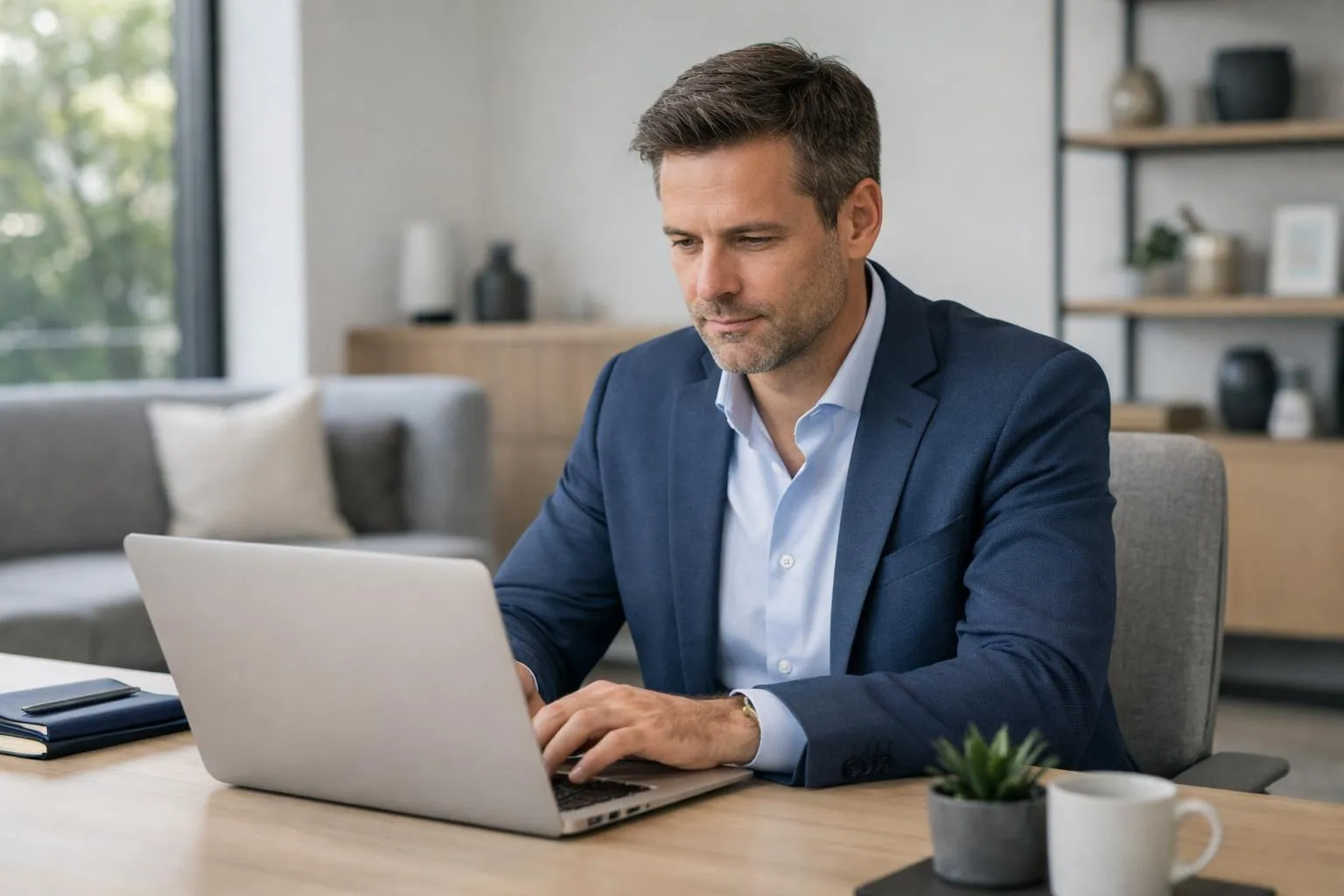 Businessman working intently on laptop in modern home office.
