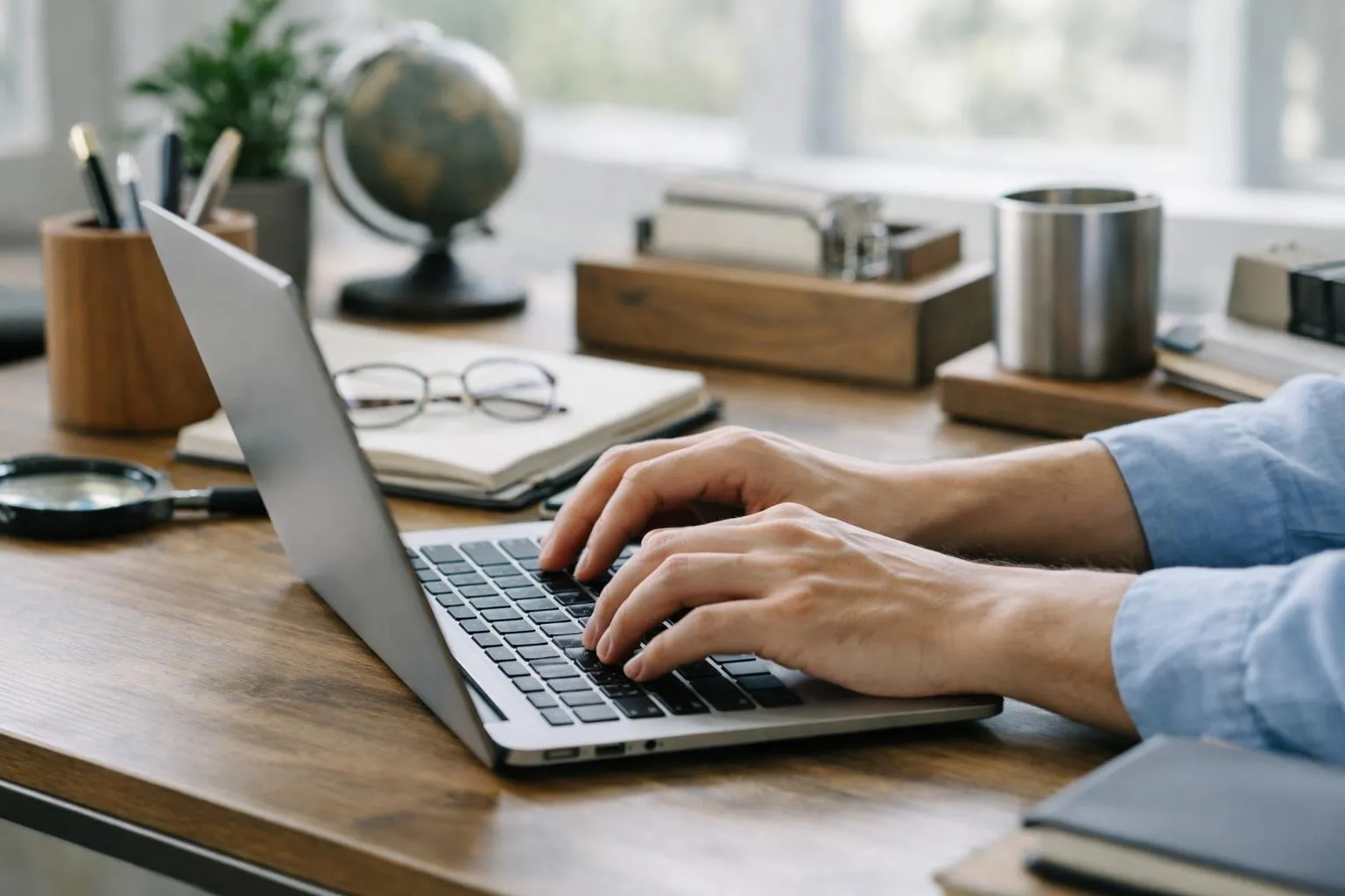 Laptop, desk, office supplies, hands typing on keyboard.